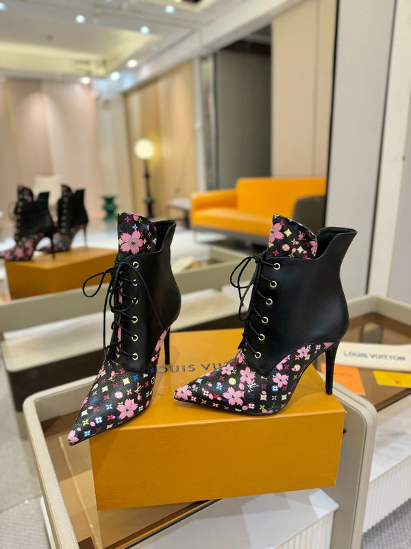 LV Ankle Boot 90mm Black Calfskin Mix Cherry Blossom Monogram 504796