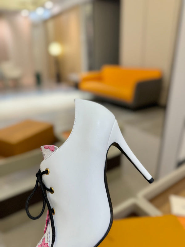 LV Ankle Boot 90mm White Calfskin Mix Cherry Blossom Monogram 504794