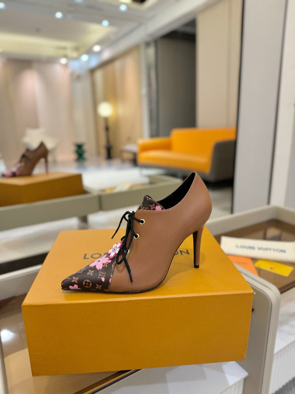 LV Ankle Boot 90mm Brown Calfskin Mix Cherry Blossom Monogram 504793