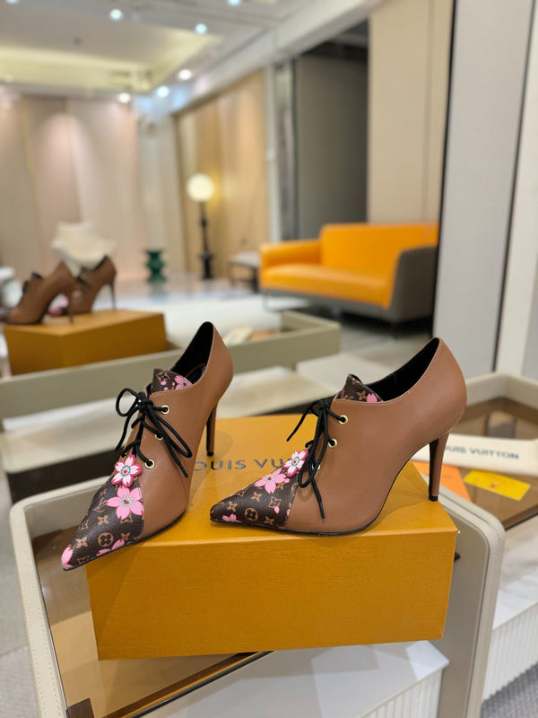 LV Ankle Boot 90mm Brown Calfskin Mix Cherry Blossom Monogram 504793