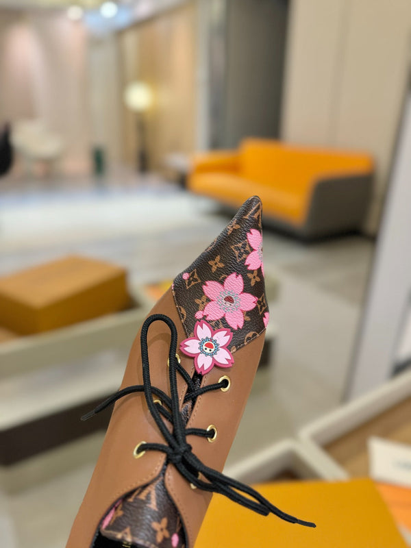 LV Ankle Boot 90mm Brown Calfskin Mix Cherry Blossom Monogram 504793