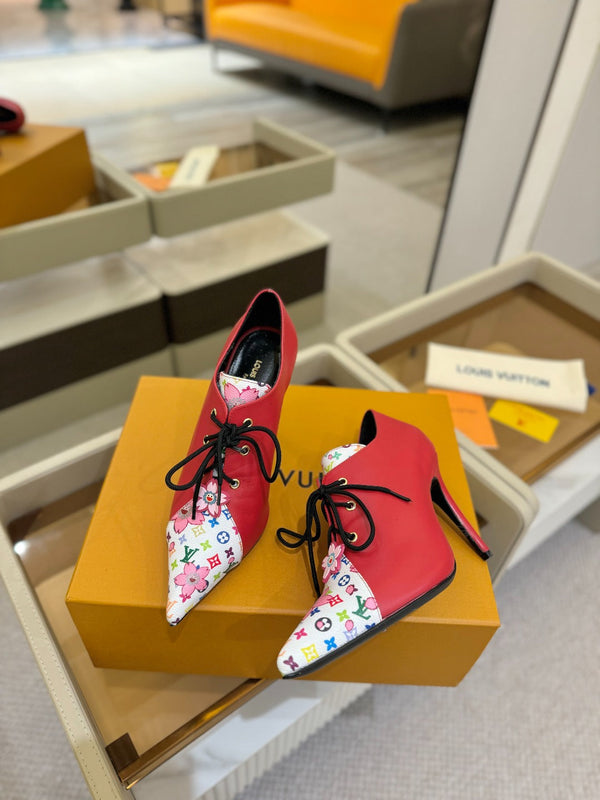 LV Ankle Boot 90mm Red Calfskin Mix Cherry Blossom Monogram 504792