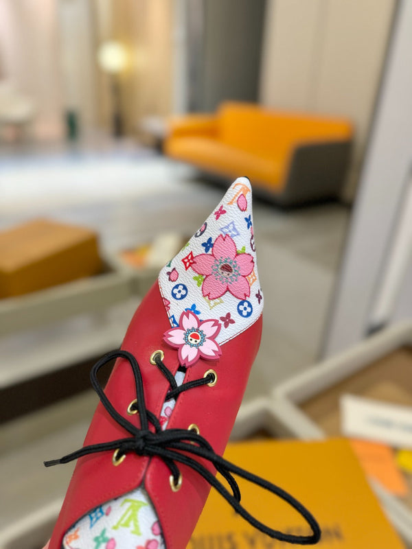 LV Ankle Boot 90mm Red Calfskin Mix Cherry Blossom Monogram 504792