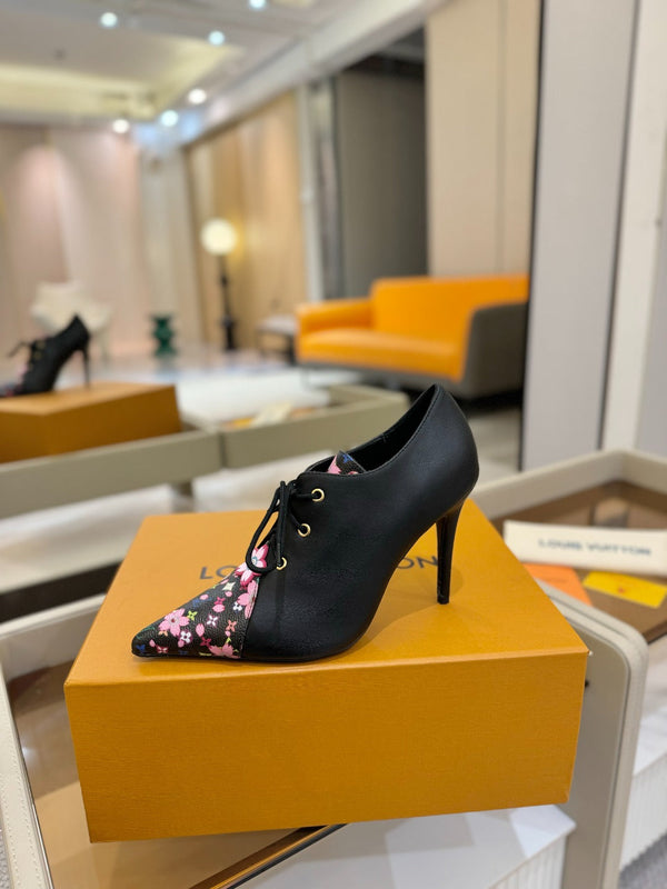 LV Ankle Boot 90mm Black Calfskin Mix Cherry Blossom Monogram 504791