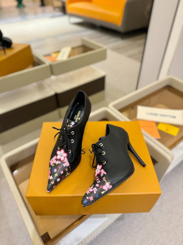LV Ankle Boot 90mm Black Calfskin Mix Cherry Blossom Monogram 504791
