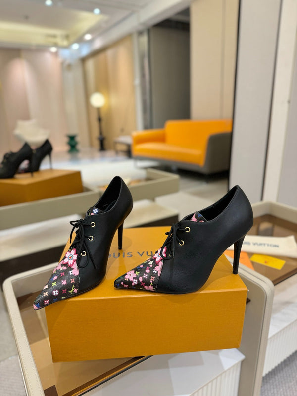 LV Ankle Boot 90mm Black Calfskin Mix Cherry Blossom Monogram 504791