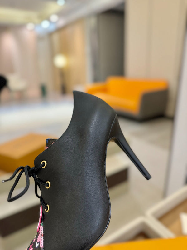 LV Ankle Boot 90mm Black Calfskin Mix Cherry Blossom Monogram 504791