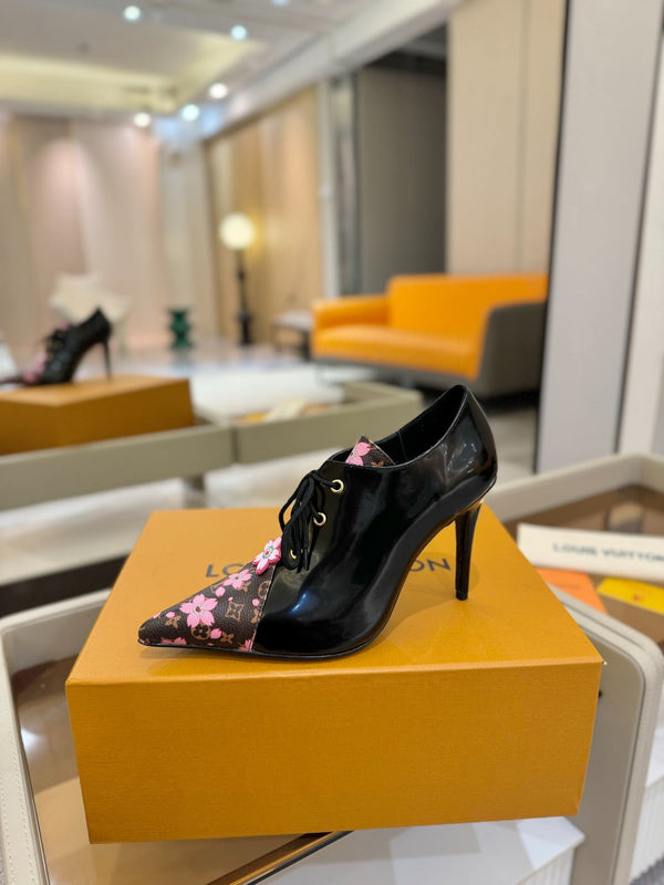 LV Ankle Boot 90mm Black Glossy Calfskin Mix Cherry Blossom Monogram 504790