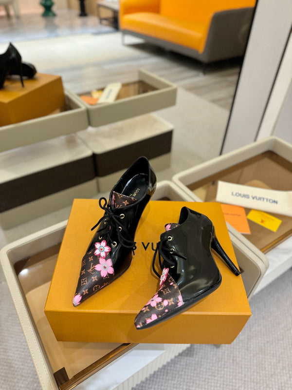LV Ankle Boot 90mm Black Glossy Calfskin Mix Cherry Blossom Monogram 504790