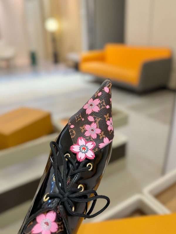 LV Ankle Boot 90mm Black Glossy Calfskin Mix Cherry Blossom Monogram 504790
