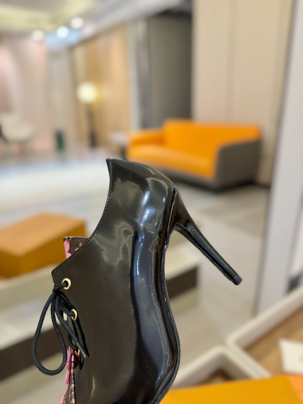 LV Ankle Boot 90mm Black Glossy Calfskin Mix Cherry Blossom Monogram 504790