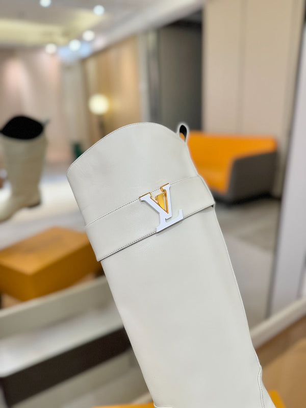 LV Donkey Metal Buckle-Decorated Knight Boots White Cowhide 504715