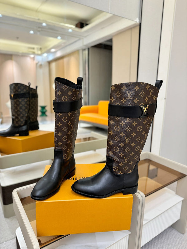 LV Donkey Metal Buckle-Decorated Knight Boots Black Monogram Cowhide 504714