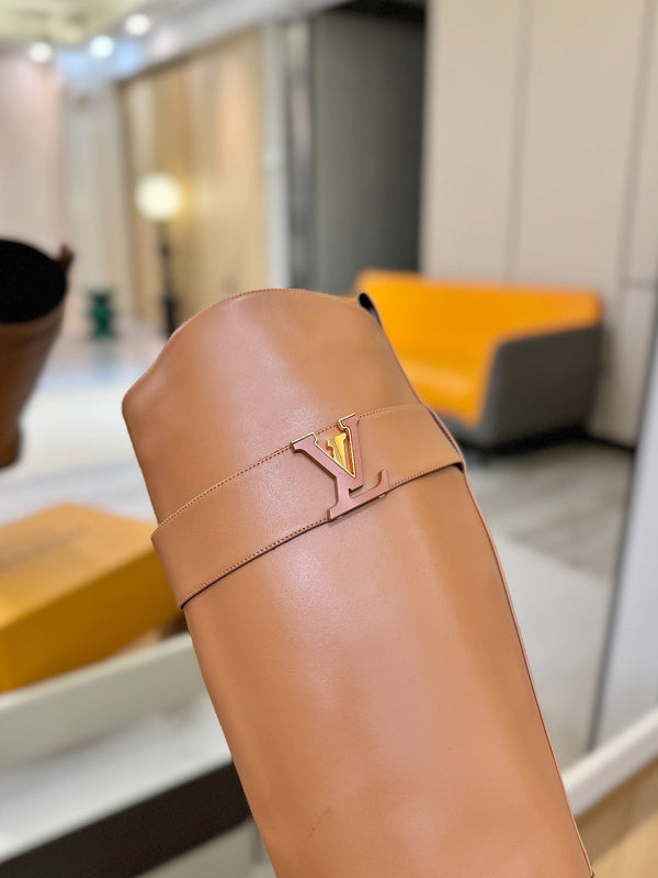 LV Donkey Metal Buckle-Decorated Knight Boots Brown Cowhide 504712