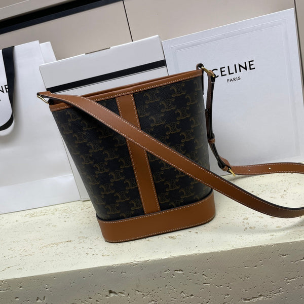 Celin Triomphe Canvas Bucket Bag Brown Cowhide 131737
