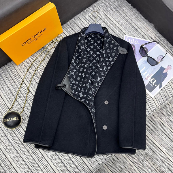 LV 25FW Double-Faced Wool Coat Jacket Lambskin Edge Black 311694