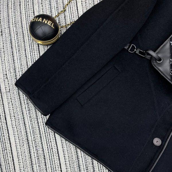 LV 25FW Double-Faced Wool Coat Jacket Lambskin Edge Black 311694