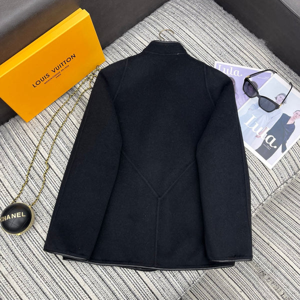 LV 25FW Double-Faced Wool Coat Jacket Lambskin Edge Black 311694
