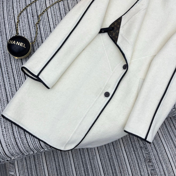 LV 25FW Double-Faced Wool Long Coat Lambskin Edge White 311684