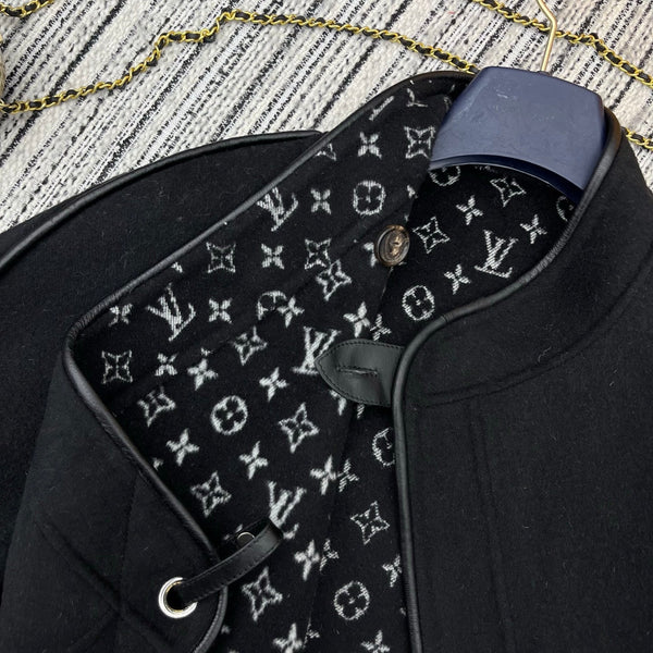 LV 25FW Double-Faced Wool Long Coat Lambskin Edge Black 311676