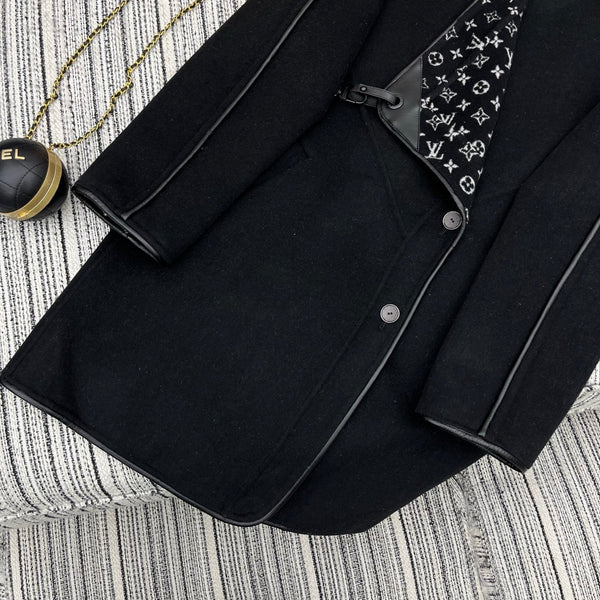 LV 25FW Double-Faced Wool Long Coat Lambskin Edge Black 311676