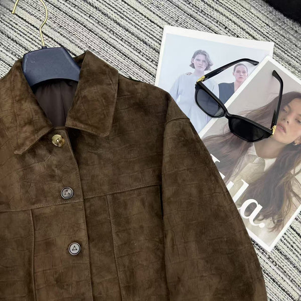 LV 25FW Crocodile Pattern Suede Lapel Jacket Dark Brown 302353