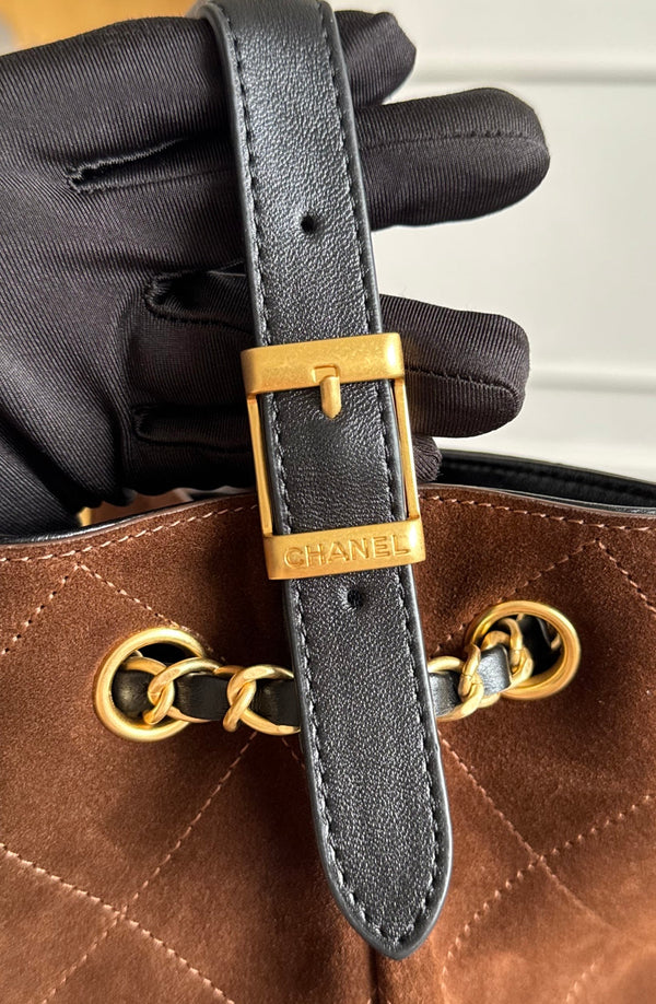 CC 25A Small Tote 36cm Chocolate Brown Suede Black Calfskin