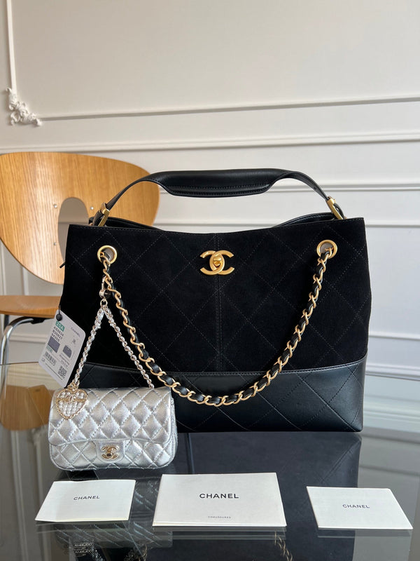 CC 25A Small Tote 36cm Black Suede Black Calfskin