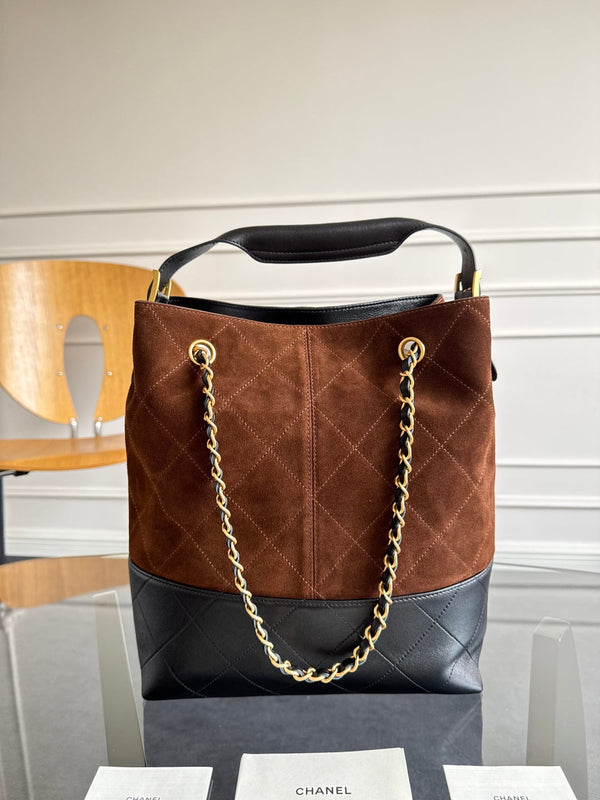 CC 25A Tote Bag Chocolate Brown Suede Black Calfskin