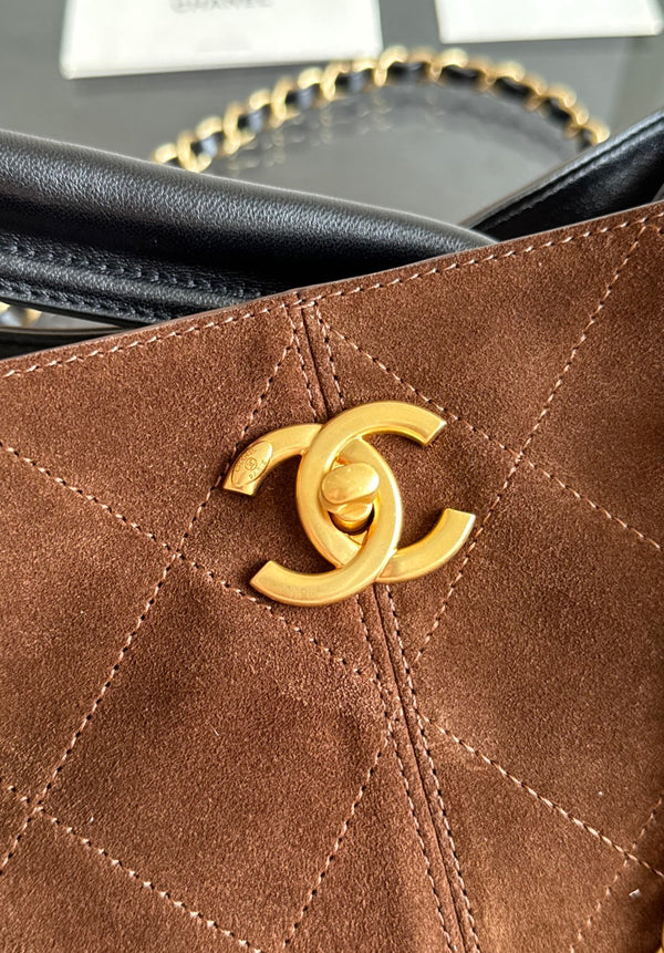 CC 25A Tote Bag Chocolate Brown Suede Black Calfskin