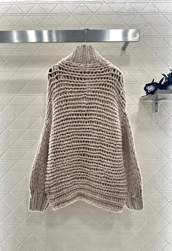 CC 25 Double C Hollow Letter Knit Brown Cardigan