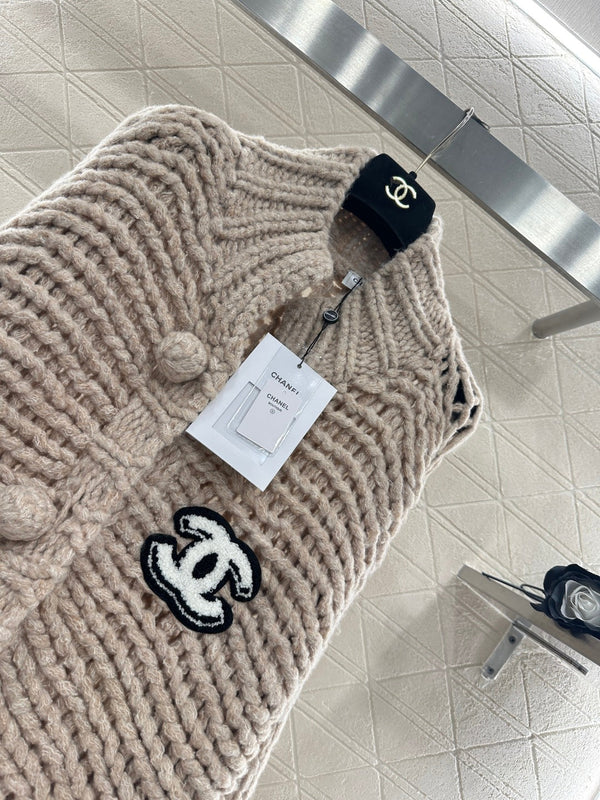 CC 25 Double C Hollow Letter Knit Brown Cardigan