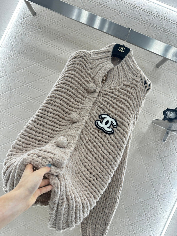 CC 25 Double C Hollow Letter Knit Brown Cardigan