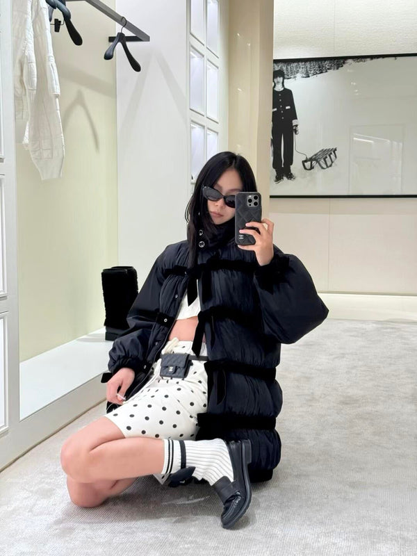 CC Velvet Bow-Tie Long Down Black Jacket