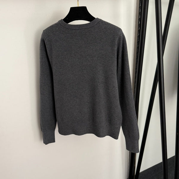 CC Bow Single-Breasted Round Neck Long-Sleeved Knit Cardigan