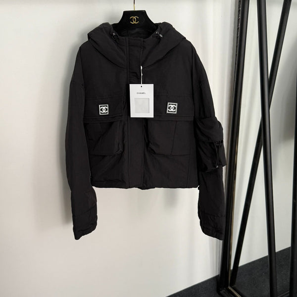 CC Chanel Style Rubber Logo Work Pocket Long Sleeve Hooded Cotton Jacket