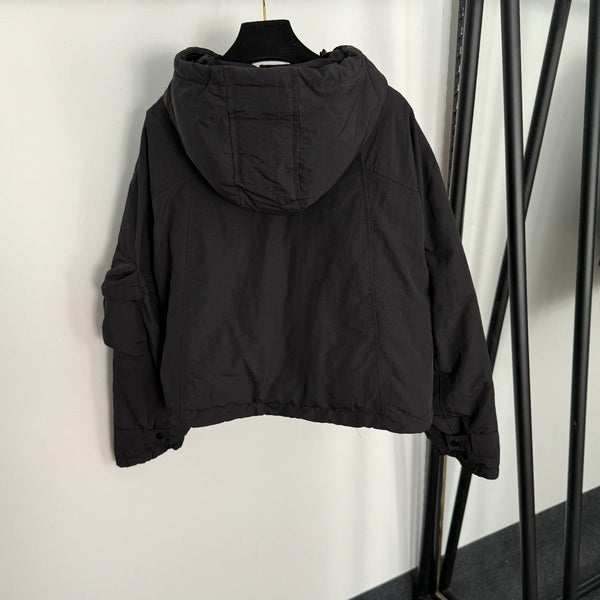 CC Chanel Style Rubber Logo Work Pocket Long Sleeve Hooded Cotton Jacket