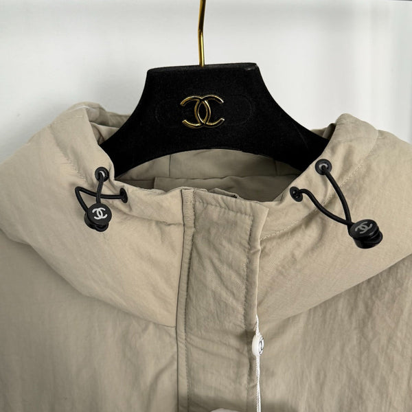 CC Chanel Style Rubber Logo Work Pocket Long Sleeve Hooded Cotton Jacket