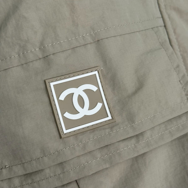 CC Chanel Style Rubber Logo Work Pocket Long Sleeve Hooded Cotton Jacket