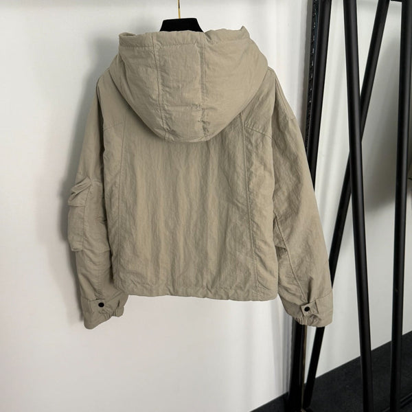 CC Chanel Style Rubber Logo Work Pocket Long Sleeve Hooded Cotton Jacket