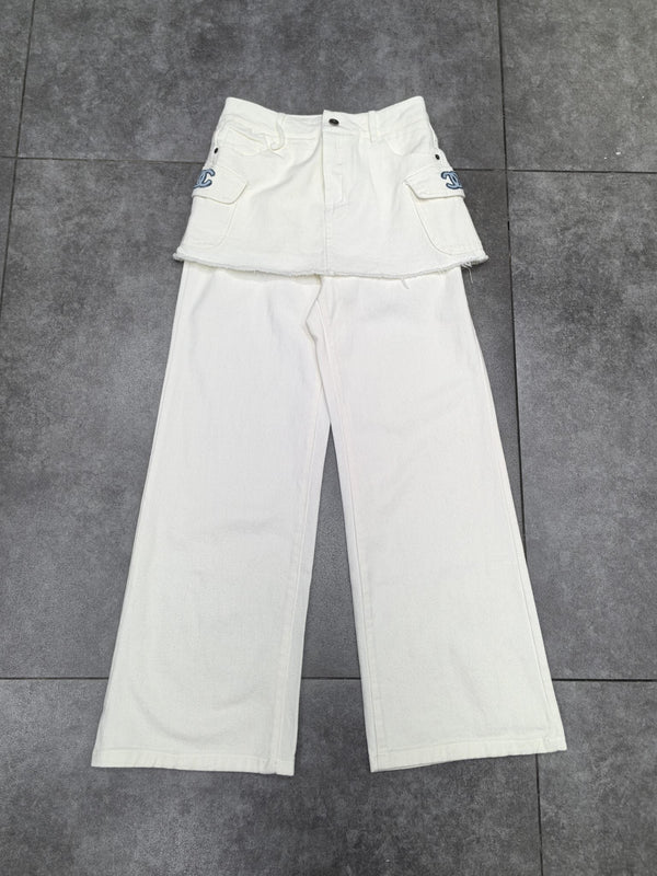 CC Faux Two-Piece Denim Trousers With Trims