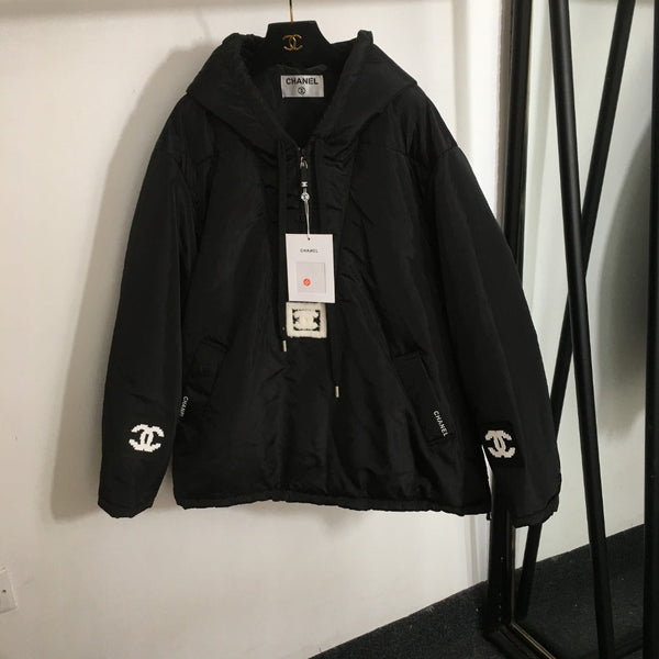 CC Side Slit Logo Half-zip Long-sleeved Hooded Cotton Jacket