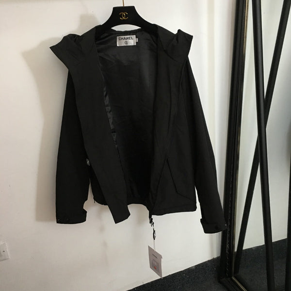 CC Logo Letter Print Zipper Pocket Long Sleeve Hooded Windbreaker Jacket