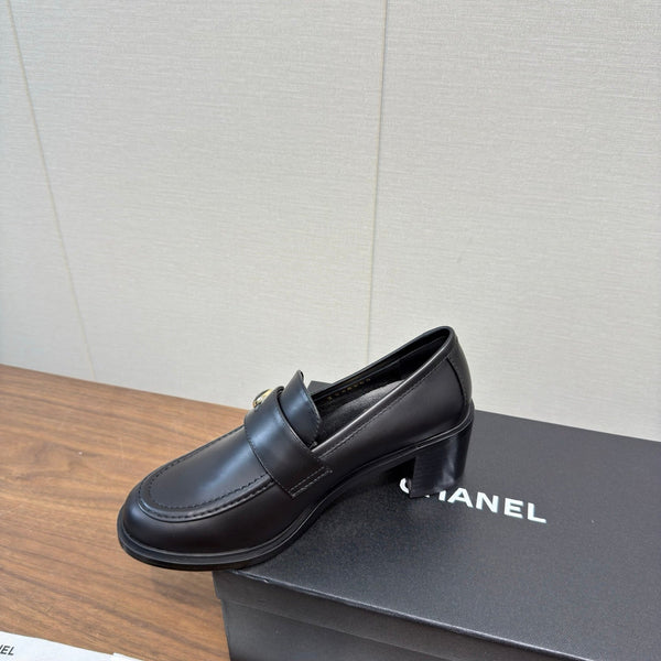 CC 25K Logo Button Loafers 35mm High Heel Black Calfskin 517627