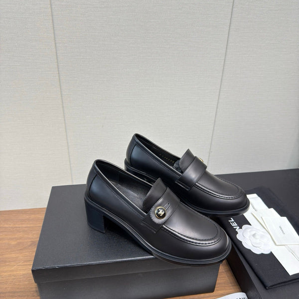 CC 25K Logo Button Loafers 35mm High Heel Black Calfskin 517627