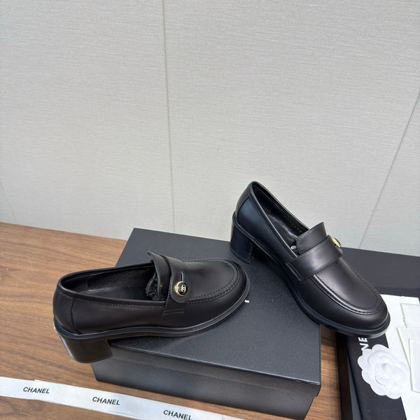 CC 25K Logo Button Loafers 35mm High Heel Black Calfskin 517627