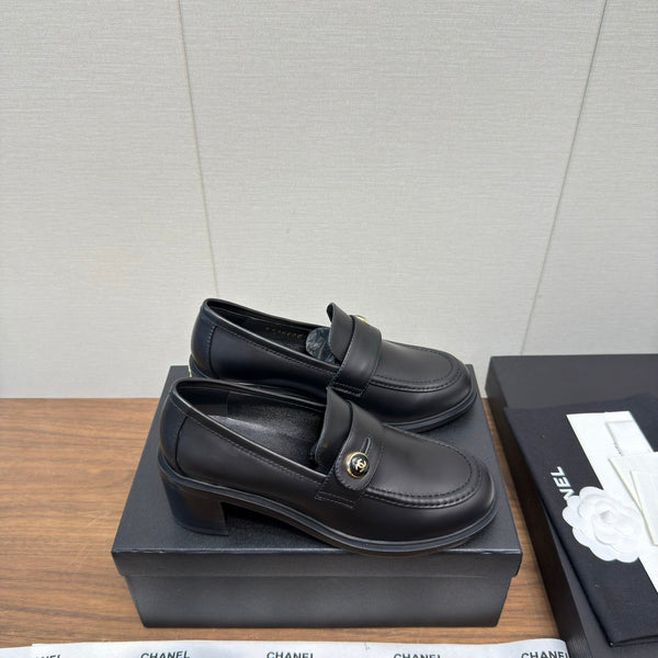CC 25K Logo Button Loafers 35mm High Heel Black Calfskin 517627