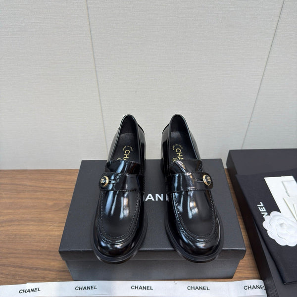 CC 25K Logo Button Loafers 35mm High Heel Shiny Black Calfskin 517625