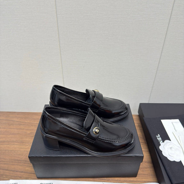 CC 25K Logo Button Loafers 35mm High Heel Shiny Black Calfskin 517625