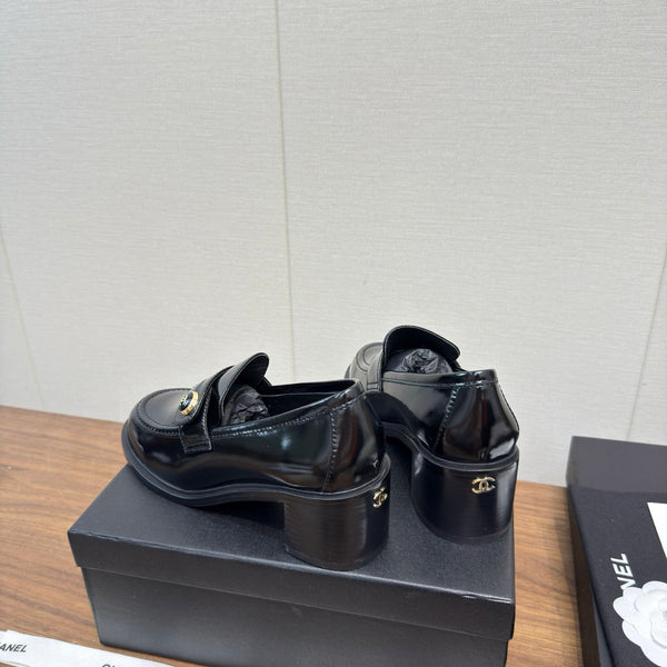 CC 25K Logo Button Loafers 35mm High Heel Shiny Black Calfskin 517625